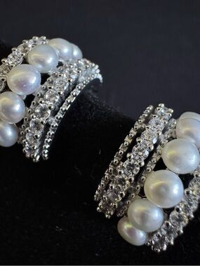 Pearl and Crystal Hoop Earrings in White and Silver